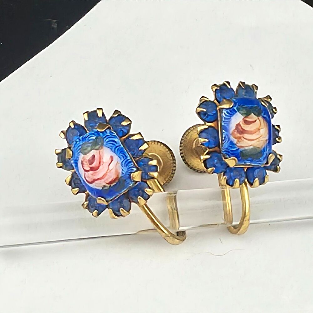 Lil 12mm Vintage Royal Blue Guiloche Enamel Rose Rhinestone Screw Back Earrings